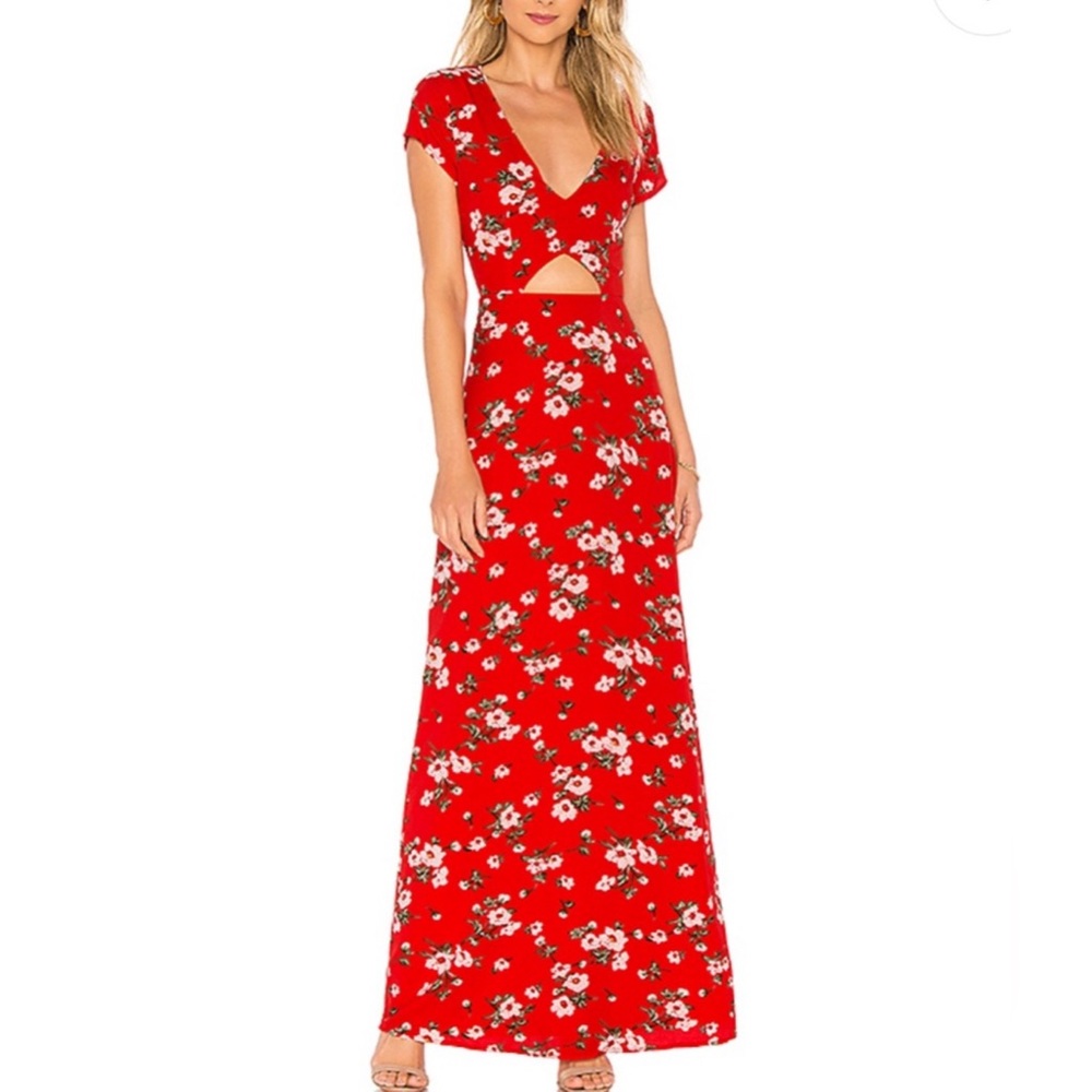 About Us red floral maxi dress open back XS New